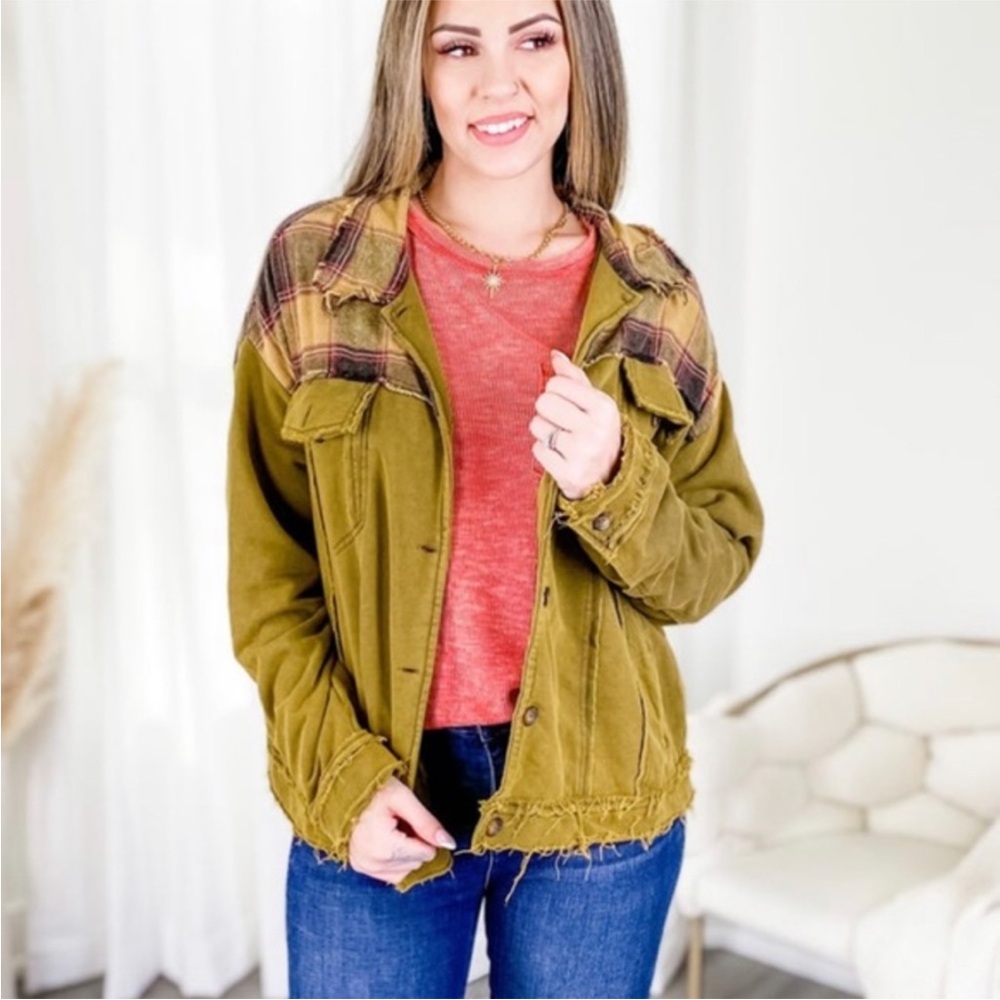 POL Olive Green Green plaid shacket NWOT